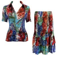 Sets Satin Mini Pleat - Half Sleeve with Collar - Abstract Blue-Red