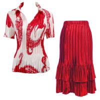 Sets Satin Mini Pleat - Half Sleeve with Collar - Red on White - Red Skirt