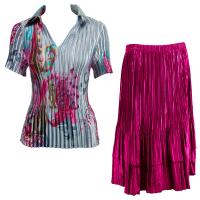 Sets Satin Mini Pleat - Half Sleeve with Collar - Red Swirl on Silver - Magenta Skirt