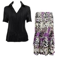 Sets Satin Mini Pleat - Half Sleeve with Collar - Solid Black - Reptile Floral Purple Skirt