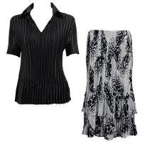 Sets Satin Mini Pleat - Half Sleeve with Collar - Solid Black - White-Black Swirl Dots Skirt