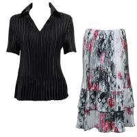 Sets Satin Mini Pleat - Half Sleeve with Collar - Solid Black - White-Black-Pink Floral Skirt