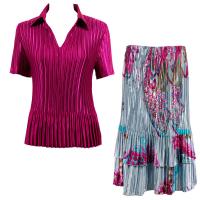 Sets Satin Mini Pleat - Half Sleeve with Collar - Solid Magenta - Red Swirl on Silver Skirt