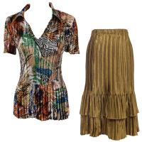 Sets Satin Mini Pleat - Half Sleeve with Collar - Abstract Orange-Tan - Taupe Skirt