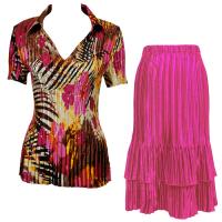 Sets Satin Mini Pleat - Half Sleeve with Collar - Jungle Floral Pink - Magenta Skirt