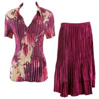 Sets Satin Mini Pleat - Half Sleeve with Collar - Rose Floral Berry - Ruby Skirt