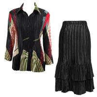 Sets Satin Mini Pleat - Blouse / Skirt - Art Deco Olive-Red - Black Skirt
