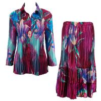 Sets Satin Mini Pleat - Blouse / Skirt - Red-Blue Flower