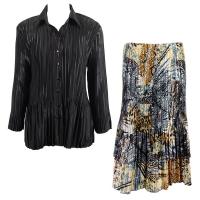 Sets Satin Mini Pleat - Blouse / Skirt - Solid Black - Abstract Black-Gold Skirt