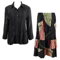 Sets Satin Mini Pleat - Blouse / Skirt - Solid Black - Art Deco Olive-Red Skirt