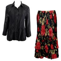 Sets Satin Mini Pleat - Blouse / Skirt - Solid Black - Coral Blossoms on Black Skirt