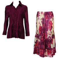 Sets Satin Mini Pleat - Blouse / Skirt - Solid Ruby - Rose Floral Berry Skirt