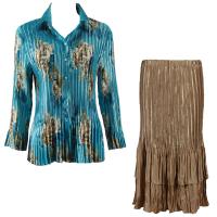 Sets Satin Mini Pleat - Blouse / Skirt - Taupe on Teal - Light Gold Skirt