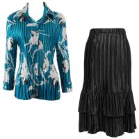 Sets Satin Mini Pleat - Blouse / Skirt - White Tulips on Teal - Black Skirt