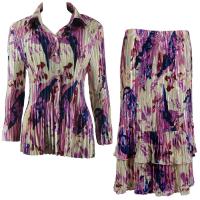 Sets Satin Mini Pleat - Blouse / Skirt - Abstract Floral Raspberry-Navy