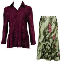 Sets Satin Mini Pleat - Blouse / Skirt - Solid Ruby - Multi Green Floral Skirt