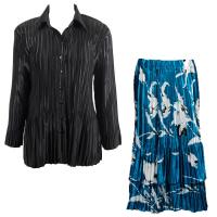 Sets Satin Mini Pleat - Blouse / Skirt - Solid Black - White Tulips on Teal Skirt