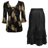 Sets Satin Mini Pleat - Three Quarter V-Neck - Black with Gold Leaves - Black Skirt