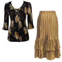 Sets Satin Mini Pleat - Three Quarter V-Neck - Black with Gold Leaves - Gold Skirt