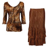 Sets Satin Mini Pleat - Three Quarter V-Neck - Golden Leopard - Brass Skirt