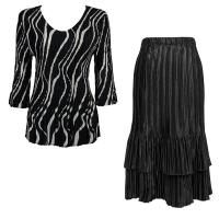 Sets Satin Mini Pleat - Three Quarter V-Neck - Ribbon Black-White - Black Skirt