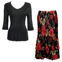 Sets Satin Mini Pleat - Three Quarter V-Neck - Solid Black - Coral Blossoms on Black Skirt