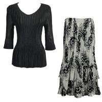 Sets Satin Mini Pleat - Three Quarter V-Neck - Solid Black - White-Black Swirl Dots Skirt