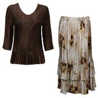 Sets Satin Mini Pleat - Three Quarter V-Neck - Solid Dark Brown - Beige Floral Skirt