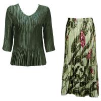 Sets Satin Mini Pleat - Three Quarter V-Neck - Solid Olive - Multi Green Floral Skirt