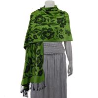 Pashmina Style Shawls-Woven Jacquard and Two-Tone  - Butterflies and Flowers - Green/Black