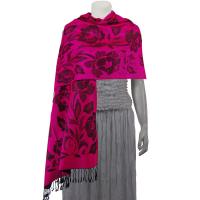 Pashmina Style Shawls-Woven Jacquard and Two-Tone  - Butterflies and Flowers - Fuchsia/Black