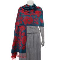 Pashmina Style Shawls-Woven Jacquard and Two-Tone  - Butterflies and Flowers - Seagreen/Red