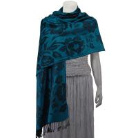 Pashmina Style Shawls-Woven Jacquard and Two-Tone  - Butterflies and Flowers - Teal/Black