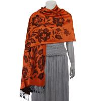 Pashmina Style Shawls-Woven Jacquard and Two-Tone  - Butterflies and Flowers - Paprika/Black