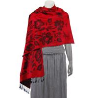 Pashmina Style Shawls-Woven Jacquard and Two-Tone  - Butterflies and Flowers - Red/Black