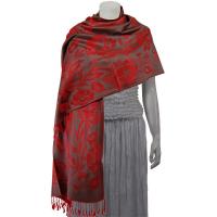 Pashmina Style Shawls-Woven Jacquard and Two-Tone  - Butterflies and Flowers - Granite/Red