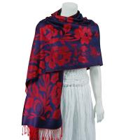 Pashmina Style Shawls-Woven Jacquard and Two-Tone  - Butterflies and Flowers - Navy/Red