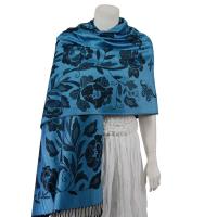 Pashmina Style Shawls-Woven Jacquard and Two-Tone  - Butterflies and Flowers - Denim/Black