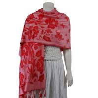Pashmina Style Shawls-Woven Jacquard and Two-Tone  - Butterflies and Flowers - Pink/Red