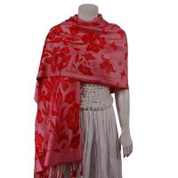 Pashmina Style Shawls-Woven Jacquard and Two-Tone  - Butterflies and Flowers - Mauve/Red