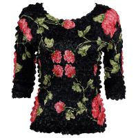 Satin Origami Petal Shirts - Three Quarter Sleeve - Black with Roses