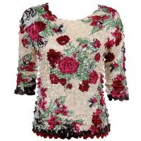 Satin Origami Petal Shirts - Three Quarter Sleeve - Ivory-Burgundy Floral