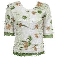 Satin Origami Petal Shirts - Three Quarter Sleeve - White, Green, & Brown Floral