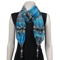 Scarves - Tropical Peacock with Hanging Pendants - Royal Blue-Blue