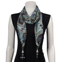 Scarves - Tropical Peacock with Hanging Pendants - Green-Navy