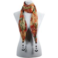 Scarves - Tropical Peacock with Hanging Pendants - Olive-Red