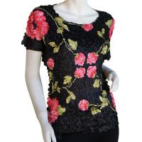 Satin Origami Petal Shirts - Cap Sleeve - Black with Roses