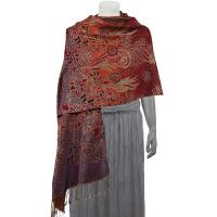 Pashmina Style Shawls - Woven Prints - Metallic Accent - Floral Stencil - Wine/Blue