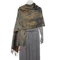 Pashmina Style Shawls - Woven Prints - Metallic Accent - Floral Stencil - Grey