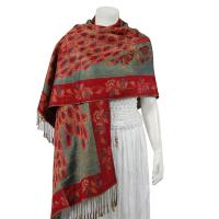 Pashmina Style Shawls - Woven Prints - Metallic Accent - Peacock - Cranberry/Seagreen